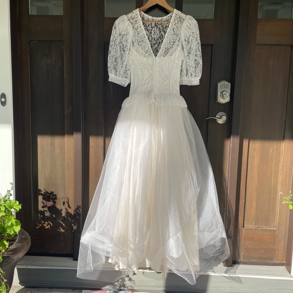 Gunne Sax 80s Puff Sleeve Lace Tulle Wedding Dress Basque Waist Princess Sequin - Picture 2 of 9